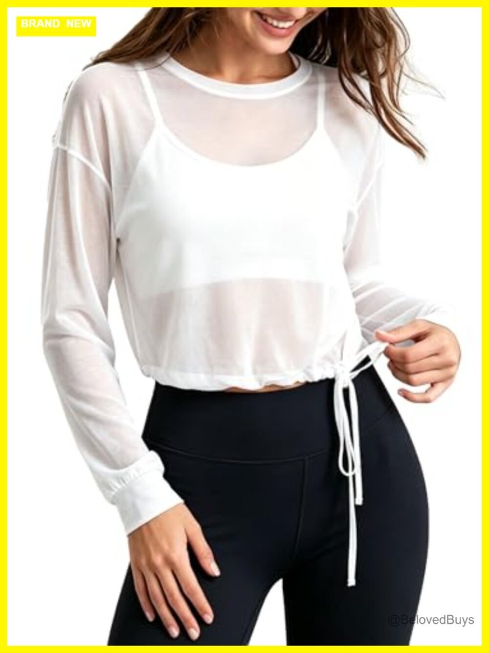 Women's Sheer Mesh Crop Top Long Sleeve Drawstring Workout T-Shirt